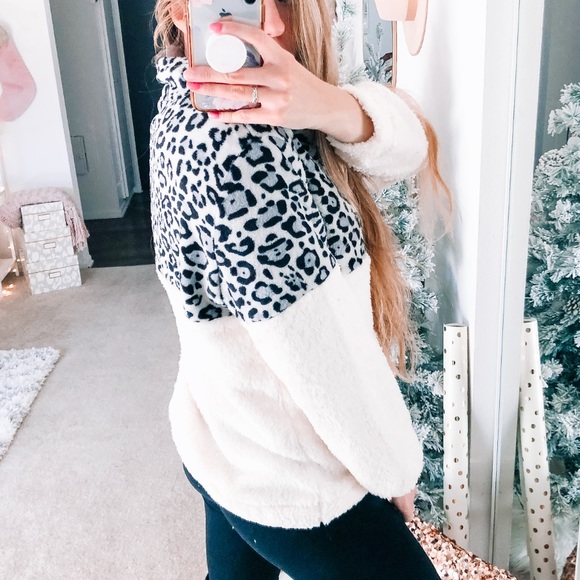 White Gray Sherpa Leopard Pullover - Picture 7 of 8